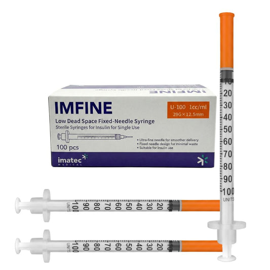 IMFINE insulin syringes with packaging on a white background